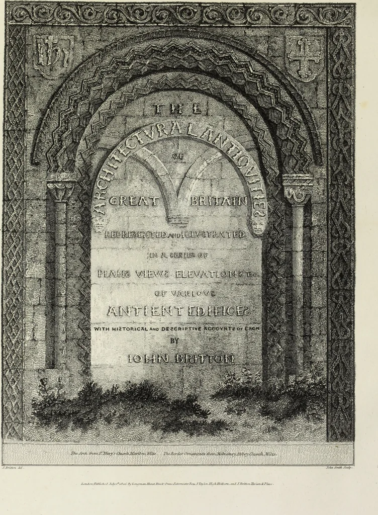 An illustration from The architectural antiquities of Great Britain, represented and illustrated in a series of views, elevations, plans, sections, and details, of various ancient English edifices : with historical and descriptive accounts of each, 1807, leaf 7