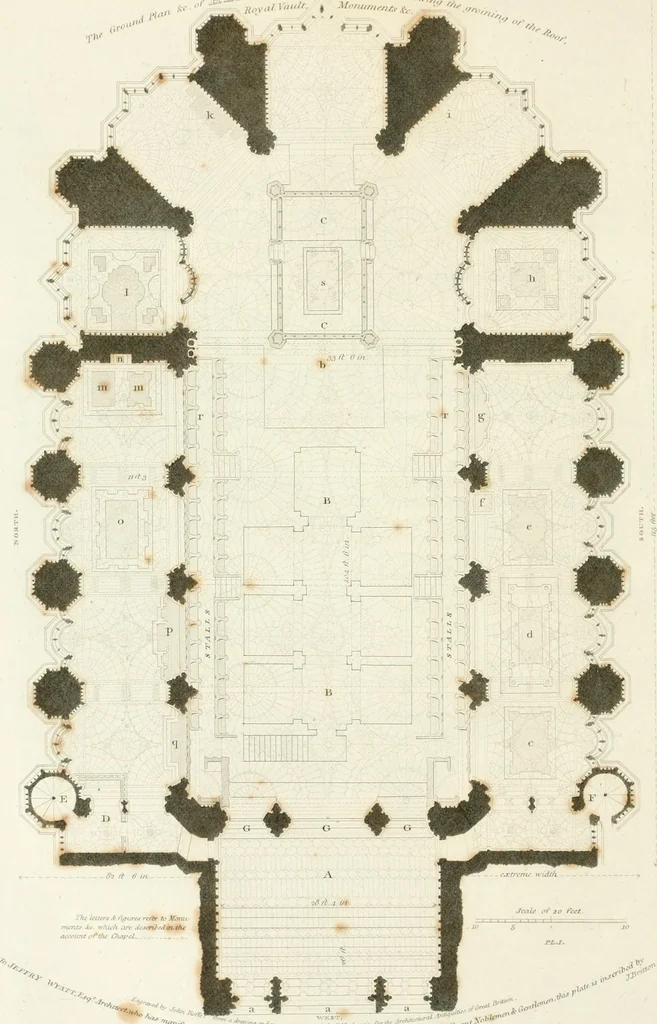An illustration from The architectural antiquities of Great Britain : represented and illustrated in a series of views, elevations, plans, sections, and details, of various ancient English edifices : with historical and descriptive accounts of each, 1807, leaf 81