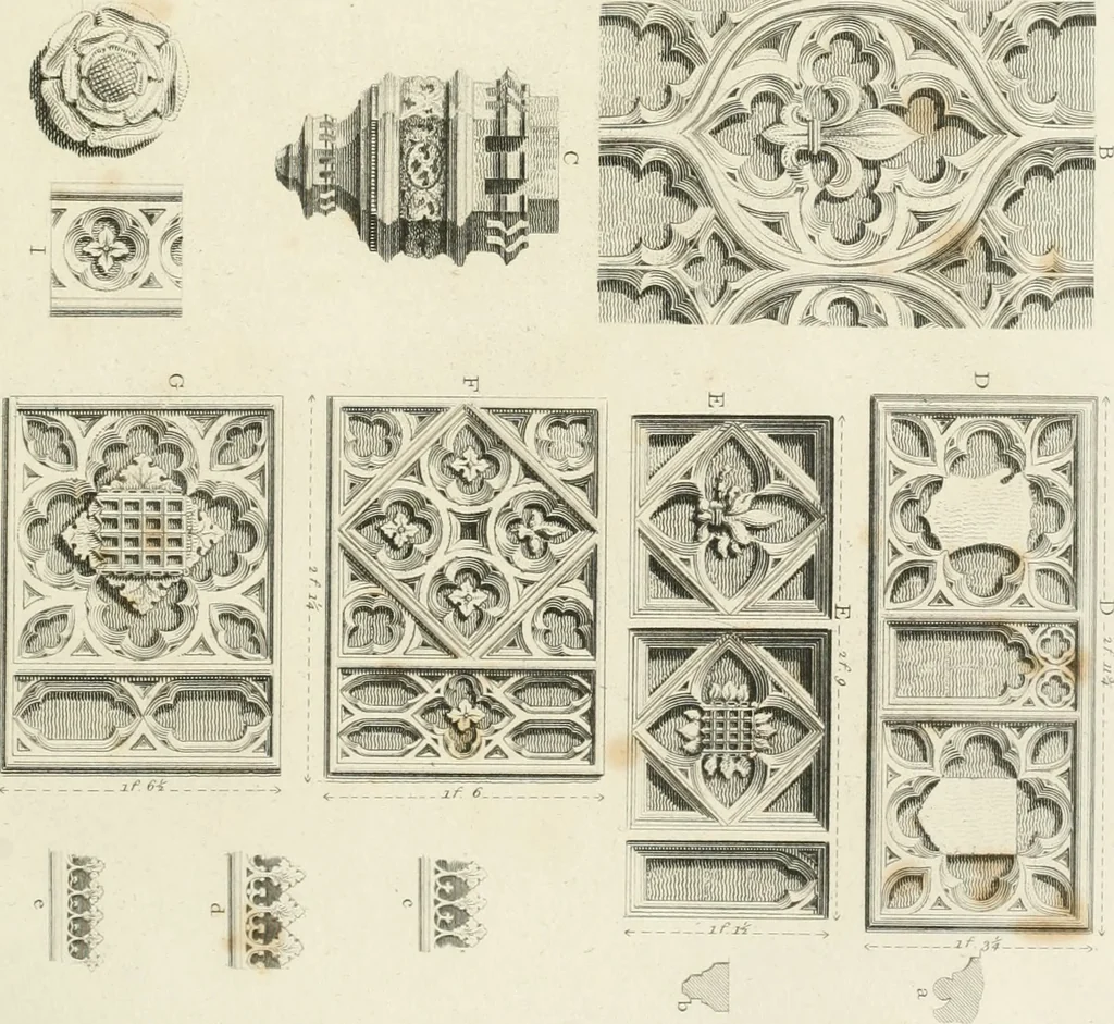 An illustration from The architectural antiquities of Great Britain : represented and illustrated in a series of views, elevations, plans, sections, and details, of various ancient English edifices : with historical and descriptive accounts of each, 1807, leaf 88