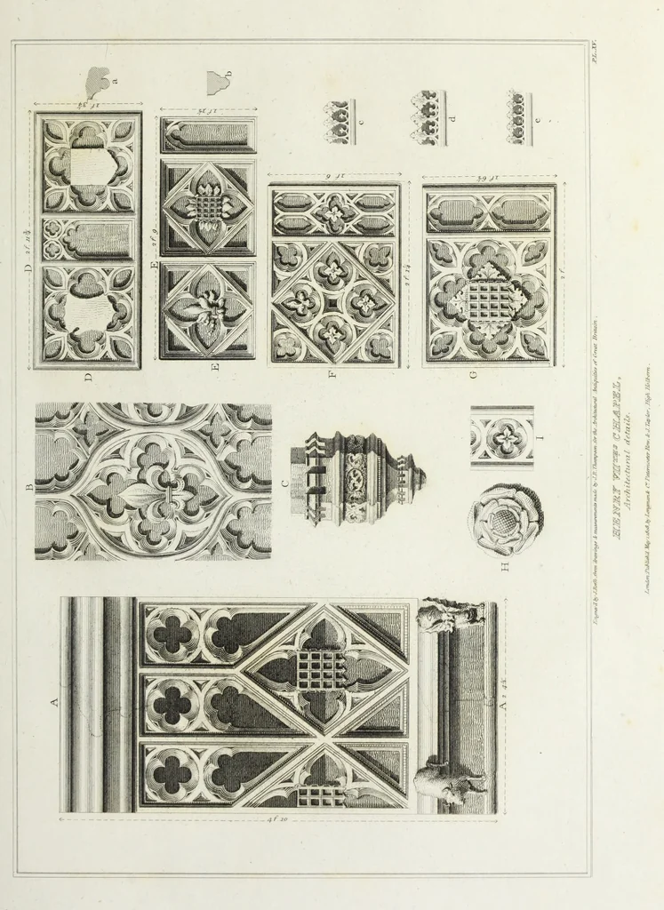 An illustration from The architectural antiquities of Great Britain, represented and illustrated in a series of views, elevations, plans, sections, and details, of various ancient English edifices : with historical and descriptive accounts of each, 1807, leaf 104