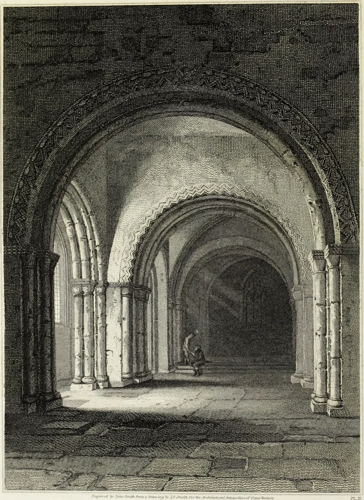 An illustration from The architectural antiquities of Great Britain, represented and illustrated in a series of views, elevations, plans, sections, and details, of various ancient English edifices : with historical and descriptive accounts of each, 1807, leaf 25