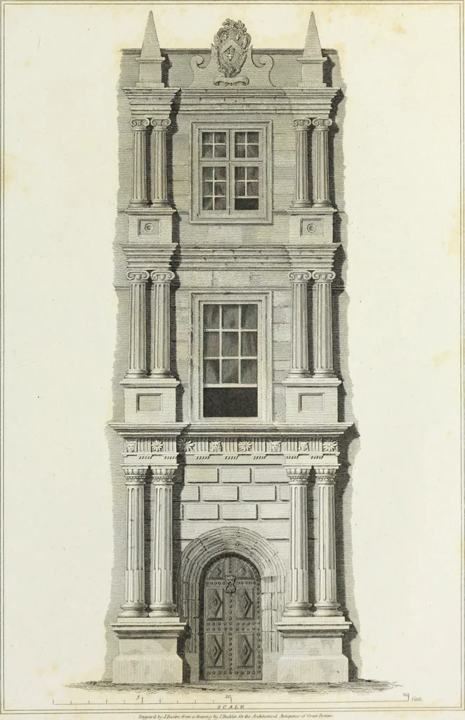 An illustration from The architectural antiquities of Great Britain, represented and illustrated in a series of views, elevations, plans, sections, and details, of various ancient English edifices : with historical and descriptive accounts of each, 1807, leaf 258