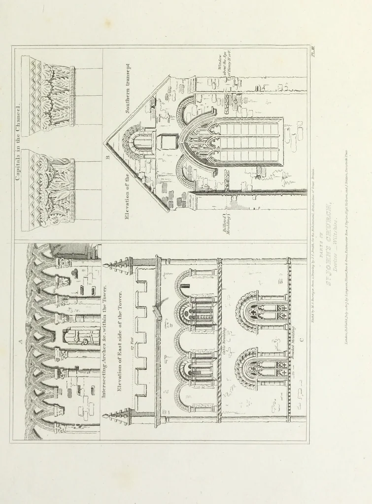 An illustration from The architectural antiquities of Great Britain, represented and illustrated in a series of views, elevations, plans, sections, and details, of various ancient English edifices : with historical and descriptive accounts of each, 1807, leaf 28