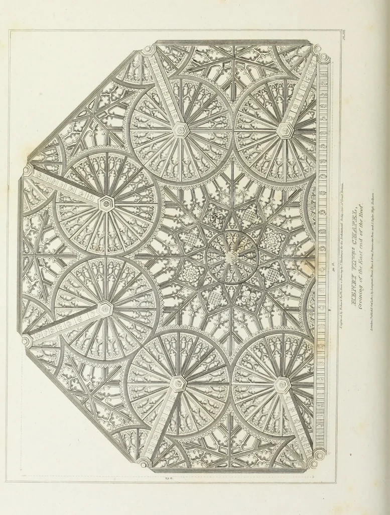 An illustration from The architectural antiquities of Great Britain, represented and illustrated in a series of views, elevations, plans, sections, and details, of various ancient English edifices : with historical and descriptive accounts of each, 1807, leaf 45