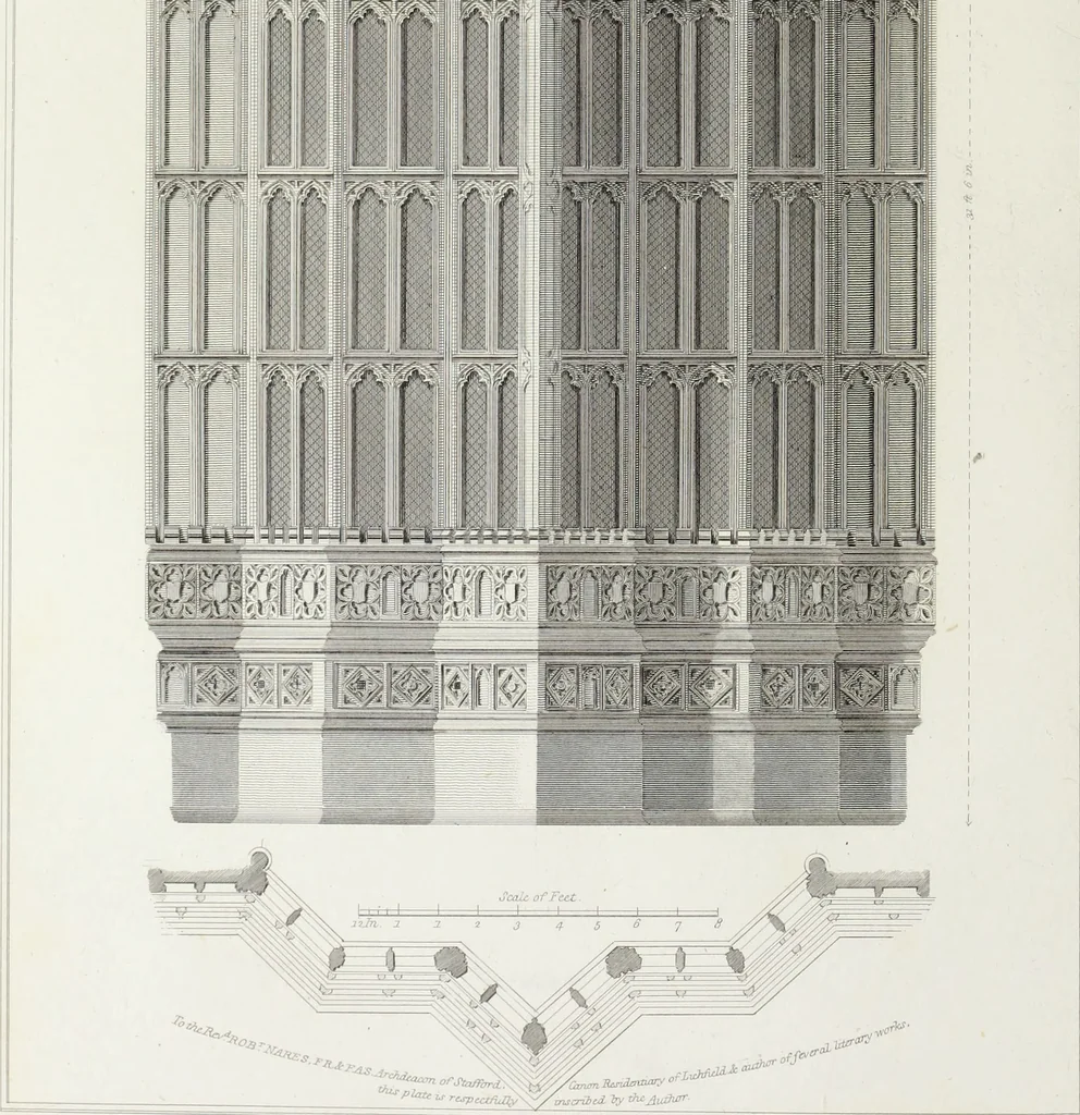 An illustration from The architectural antiquities of Great Britain, represented and illustrated in a series of views, elevations, plans, sections, and details, of various ancient English edifices : with historical and descriptive accounts of each, 1807, leaf 57