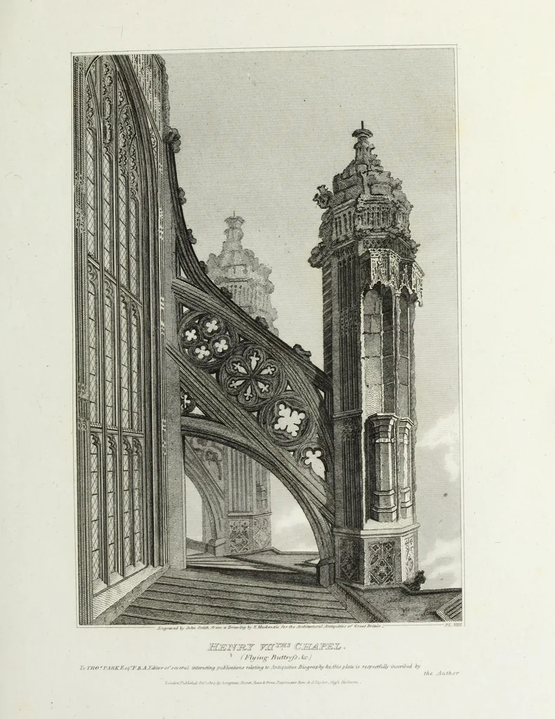 An illustration from The architectural antiquities of Great Britain, represented and illustrated in a series of views, elevations, plans, sections, and details, of various ancient English edifices : with historical and descriptive accounts of each, 1807, leaf 60