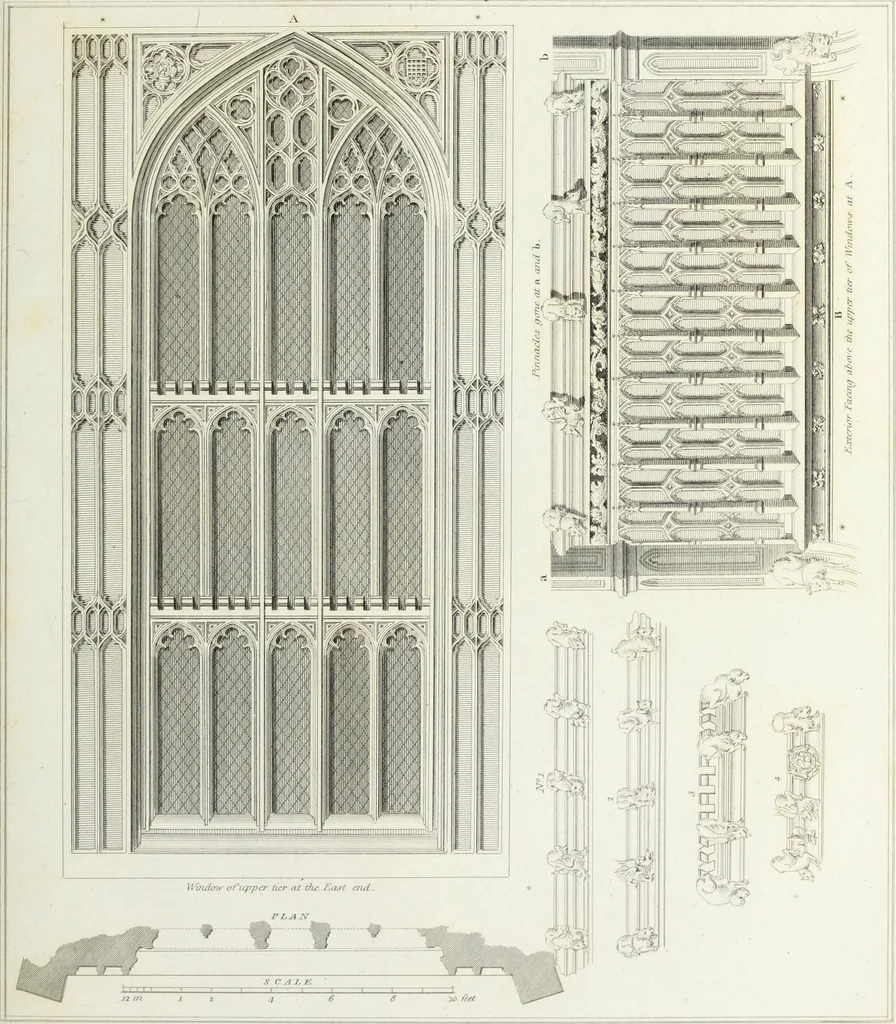 An illustration from The architectural antiquities of Great Britain, represented and illustrated in a series of views, elevations, plans, sections, and details, of various ancient English edifices : with historical and descriptive accounts of each, 1807, leaf 62