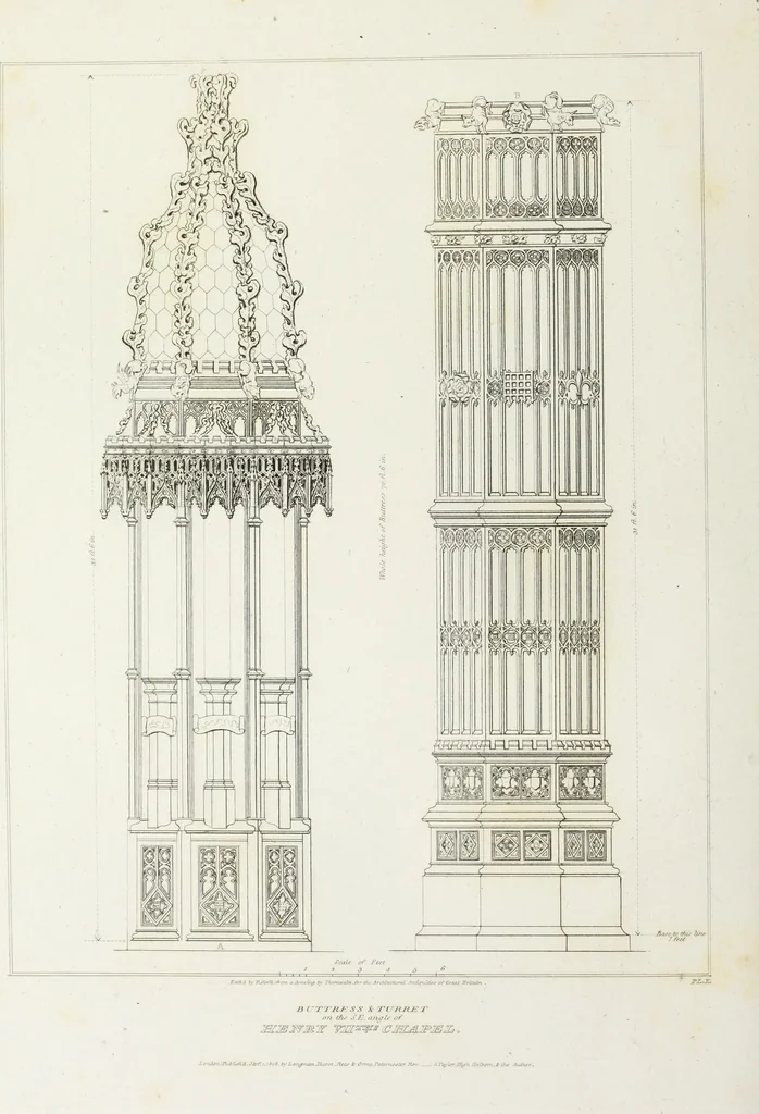 An illustration from The architectural antiquities of Great Britain, represented and illustrated in a series of views, elevations, plans, sections, and details, of various ancient English edifices : with historical and descriptive accounts of each, 1807, leaf 65