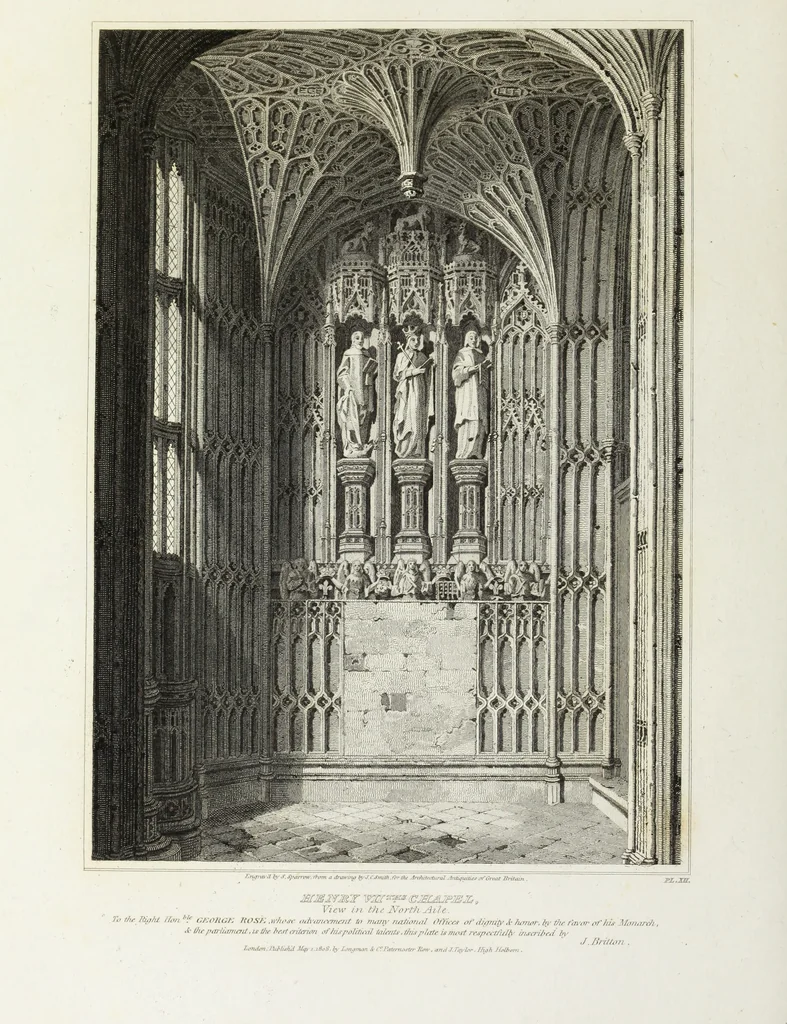 An illustration from The architectural antiquities of Great Britain, represented and illustrated in a series of views, elevations, plans, sections, and details, of various ancient English edifices : with historical and descriptive accounts of each, 1807, leaf 75
