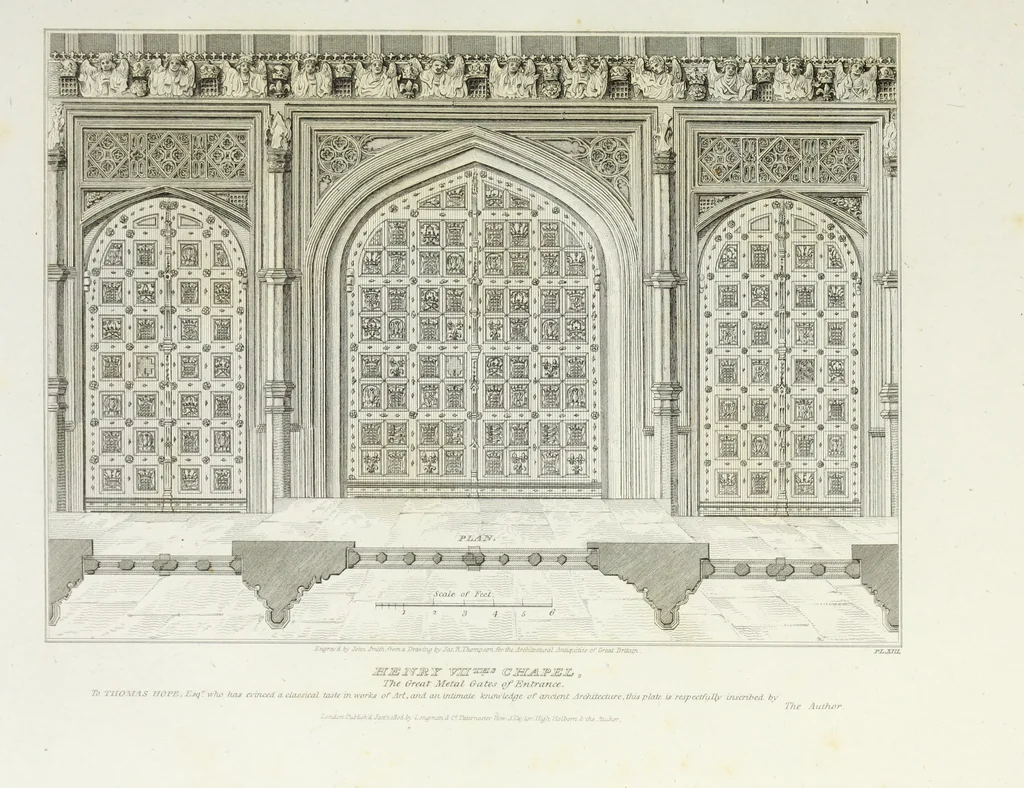 An illustration from The architectural antiquities of Great Britain, represented and illustrated in a series of views, elevations, plans, sections, and details, of various ancient English edifices : with historical and descriptive accounts of each, 1807, leaf 80