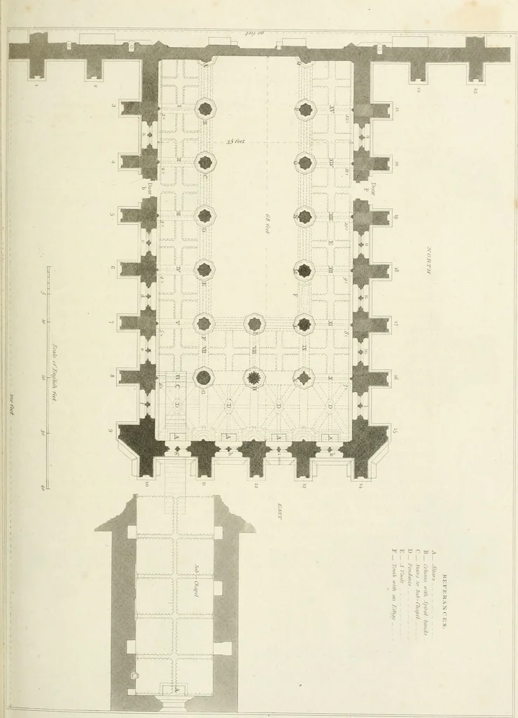 An illustration from The architectural antiquities of Great Britain : represented and illustrated in a series of views, elevations, plans, sections, and details, of various ancient English edifices : with historical and descriptive accounts of each, 1807, leaf 128