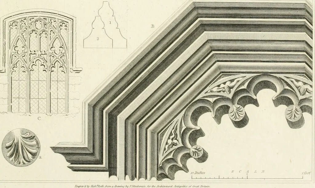 An illustration from The architectural antiquities of Great Britain : represented and illustrated in a series of views, elevations, plans, sections, and details, of various ancient English edifices : with historical and descriptive accounts of each, 1807, leaf 164