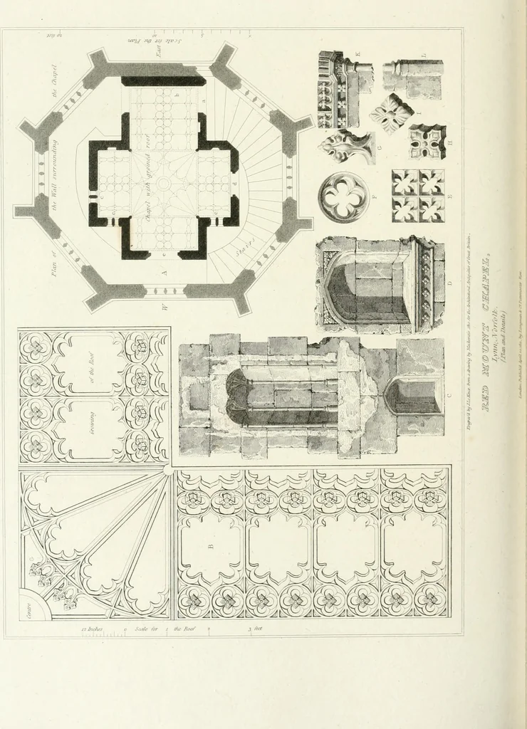 An illustration from The architectural antiquities of Great Britain : represented and illustrated in a series of views, elevations, plans, sections, and details, of various ancient English edifices : with historical and descriptive accounts of each, 1807, leaf 167