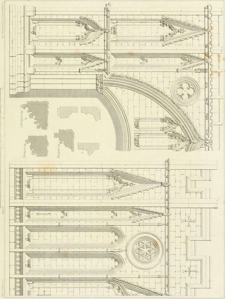 An illustration from The architectural antiquities of Great Britain : represented and illustrated in a series of views, elevations, plans, sections, and details, of various ancient English edifices : with historical and descriptive accounts of each, 1807, leaf 218