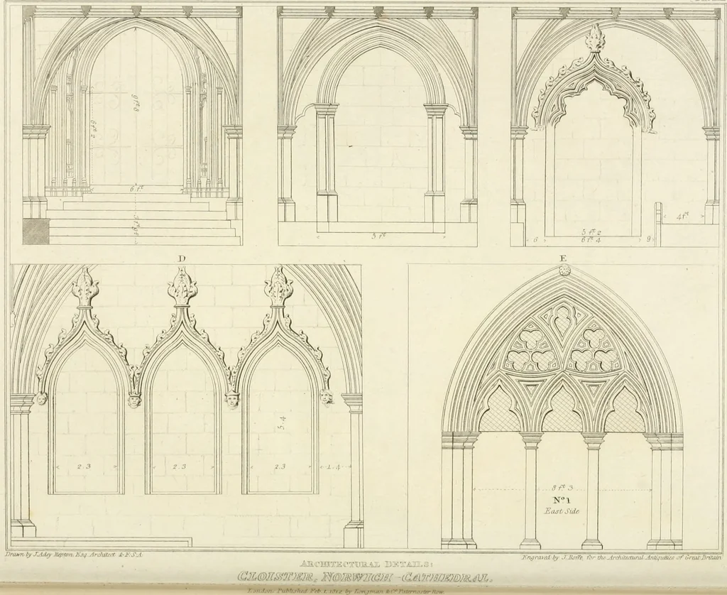 An illustration from The architectural antiquities of Great Britain : represented and illustrated in a series of views, elevations, plans, sections, and details, of various ancient English edifices : with historical and descriptive accounts of each, 1807, leaf 232