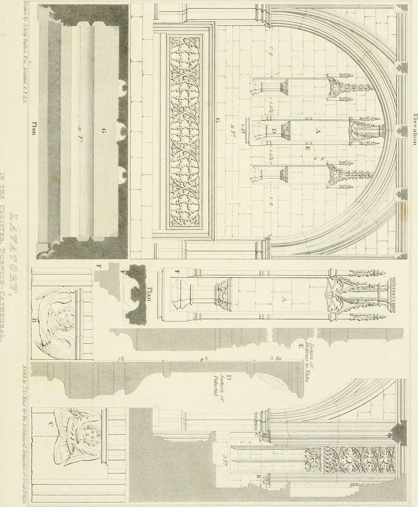 An illustration from The architectural antiquities of Great Britain : represented and illustrated in a series of views, elevations, plans, sections, and details, of various ancient English edifices : with historical and descriptive accounts of each, 1807, leaf 238
