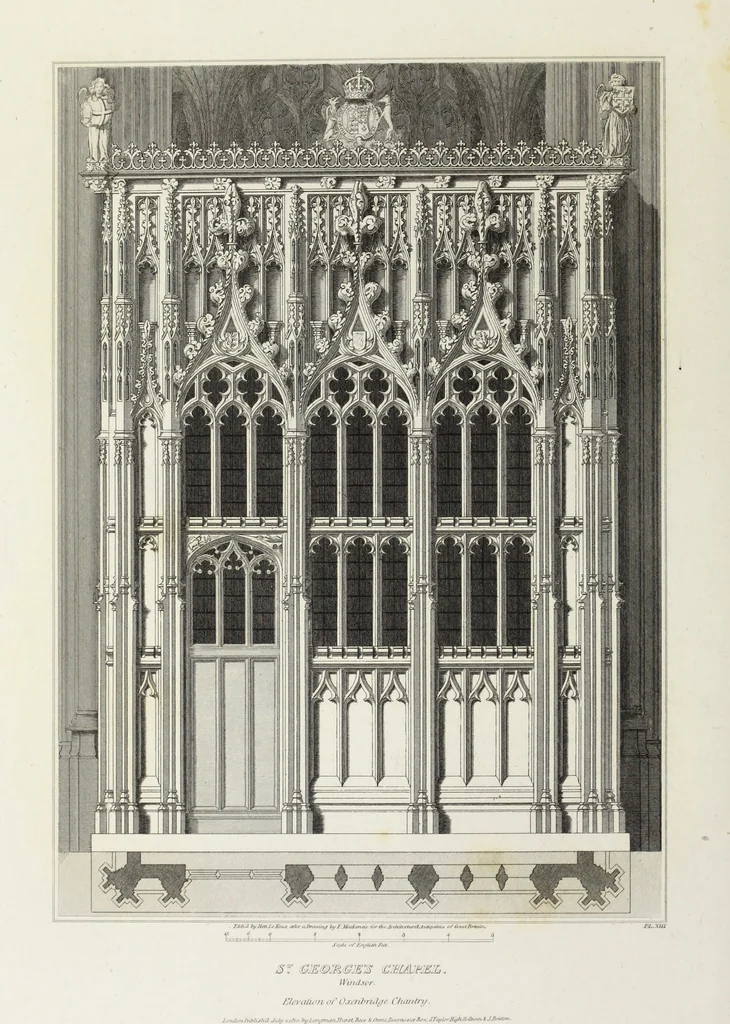 An illustration from The architectural antiquities of Great Britain, represented and illustrated in a series of views, elevations, plans, sections, and details, of various ancient English edifices : with historical and descriptive accounts of each, 1807, leaf 107