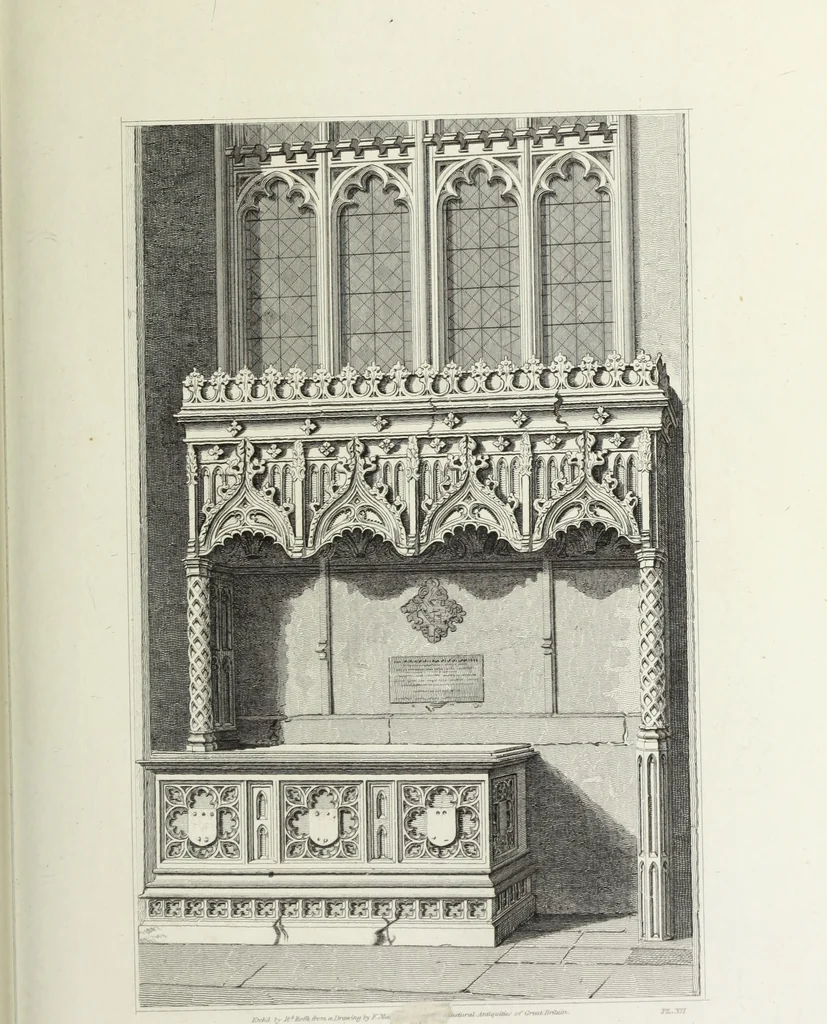 An illustration from The architectural antiquities of Great Britain, represented and illustrated in a series of views, elevations, plans, sections, and details, of various ancient English edifices : with historical and descriptive accounts of each, 1807, leaf 114