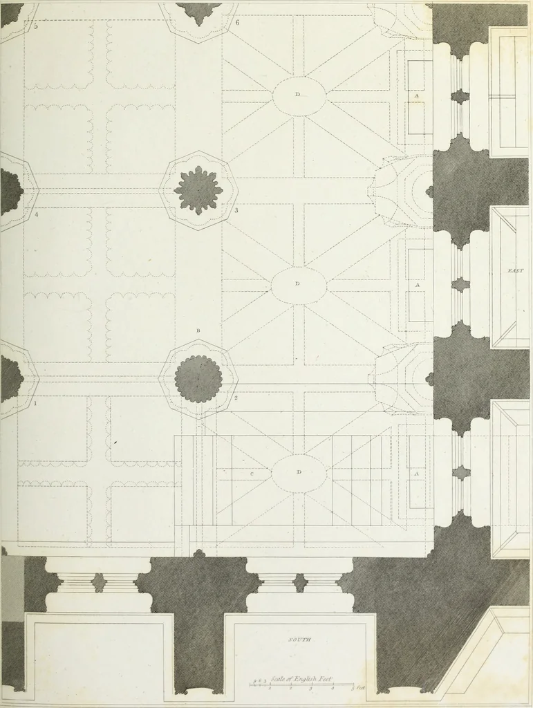 An illustration from The architectural antiquities of Great Britain, represented and illustrated in a series of views, elevations, plans, sections, and details, of various ancient English edifices : with historical and descriptive accounts of each, 1807, leaf 130