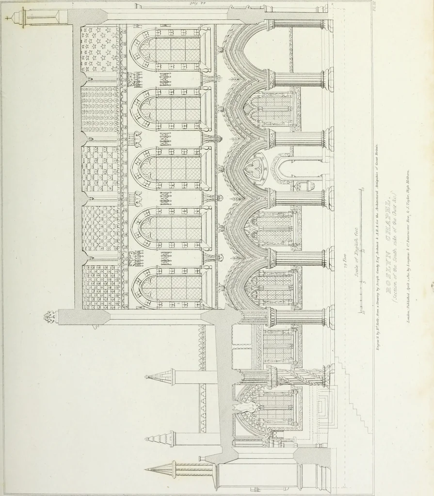 An illustration from The architectural antiquities of Great Britain, represented and illustrated in a series of views, elevations, plans, sections, and details, of various ancient English edifices : with historical and descriptive accounts of each, 1807, leaf 132