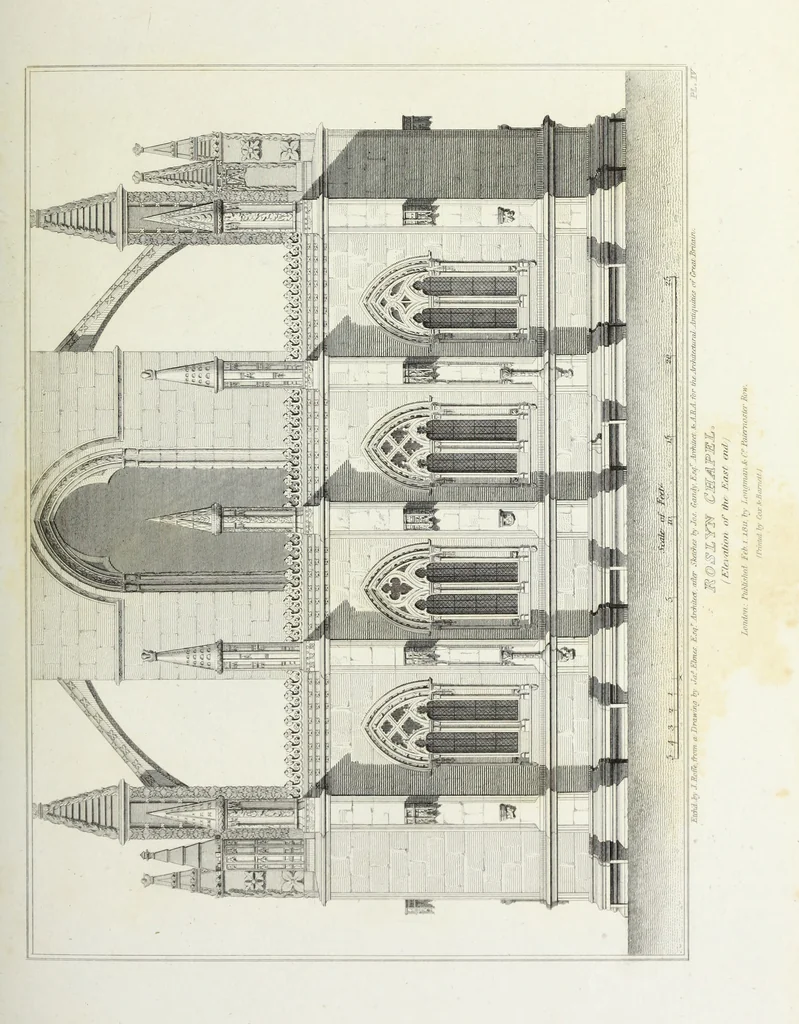 An illustration from The architectural antiquities of Great Britain, represented and illustrated in a series of views, elevations, plans, sections, and details, of various ancient English edifices : with historical and descriptive accounts of each, 1807, leaf 134