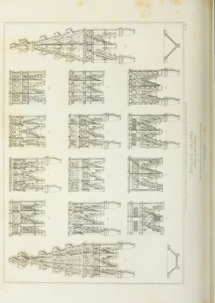 An illustration from The architectural antiquities of Great Britain, represented and illustrated in a series of views, elevations, plans, sections, and details, of various ancient English edifices : with historical and descriptive accounts of each, 1807, leaf 151