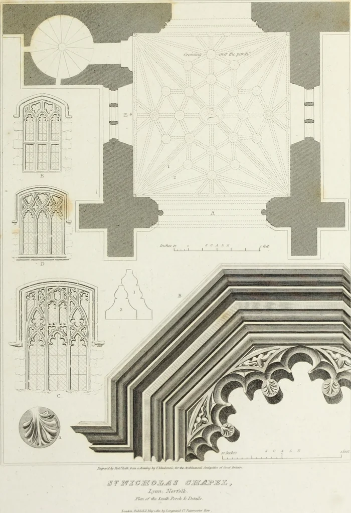 An illustration from The architectural antiquities of Great Britain, represented and illustrated in a series of views, elevations, plans, sections, and details, of various ancient English edifices : with historical and descriptive accounts of each, 1807, leaf 168