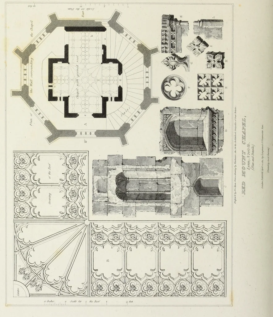 An illustration from The architectural antiquities of Great Britain, represented and illustrated in a series of views, elevations, plans, sections, and details, of various ancient English edifices : with historical and descriptive accounts of each, 1807, leaf 171
