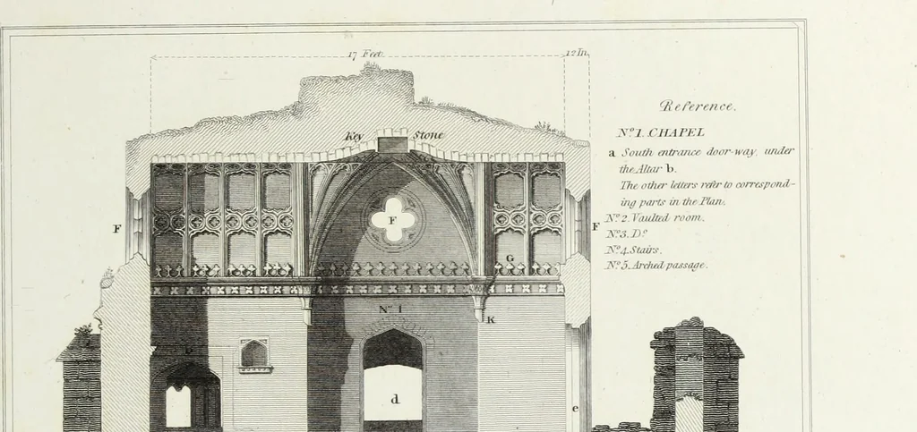 An illustration from The architectural antiquities of Great Britain, represented and illustrated in a series of views, elevations, plans, sections, and details, of various ancient English edifices : with historical and descriptive accounts of each, 1807, leaf 182