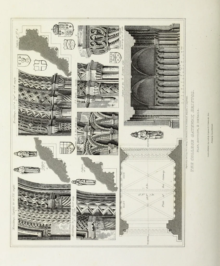 An illustration from The architectural antiquities of Great Britain, represented and illustrated in a series of views, elevations, plans, sections, and details, of various ancient English edifices : with historical and descriptive accounts of each, 1807, leaf 187