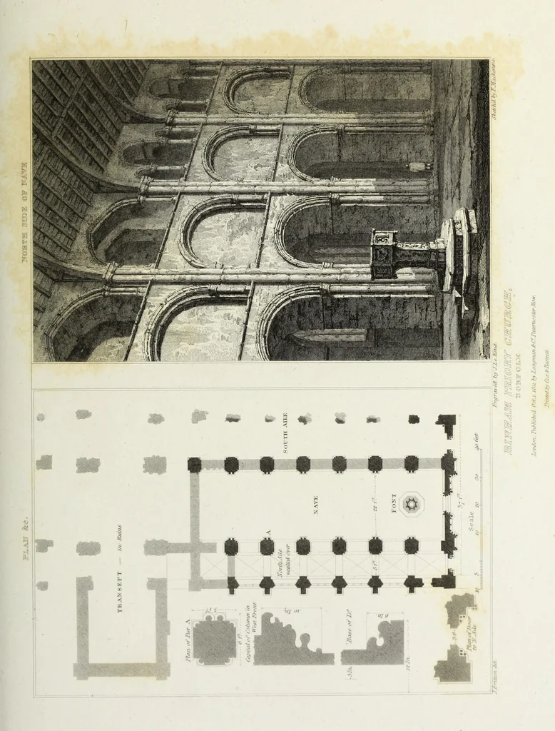 An illustration from The architectural antiquities of Great Britain, represented and illustrated in a series of views, elevations, plans, sections, and details, of various ancient English edifices : with historical and descriptive accounts of each, 1807, leaf 198