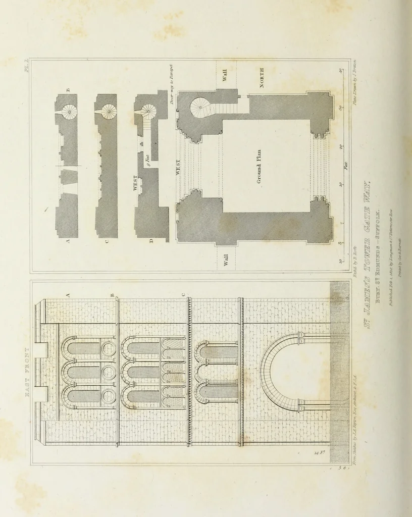 An illustration from The architectural antiquities of Great Britain, represented and illustrated in a series of views, elevations, plans, sections, and details, of various ancient English edifices : with historical and descriptive accounts of each, 1807, leaf 213