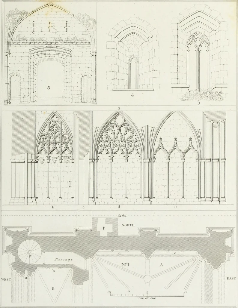 An illustration from The architectural antiquities of Great Britain, represented and illustrated in a series of views, elevations, plans, sections, and details, of various ancient English edifices : with historical and descriptive accounts of each, 1807, leaf 226