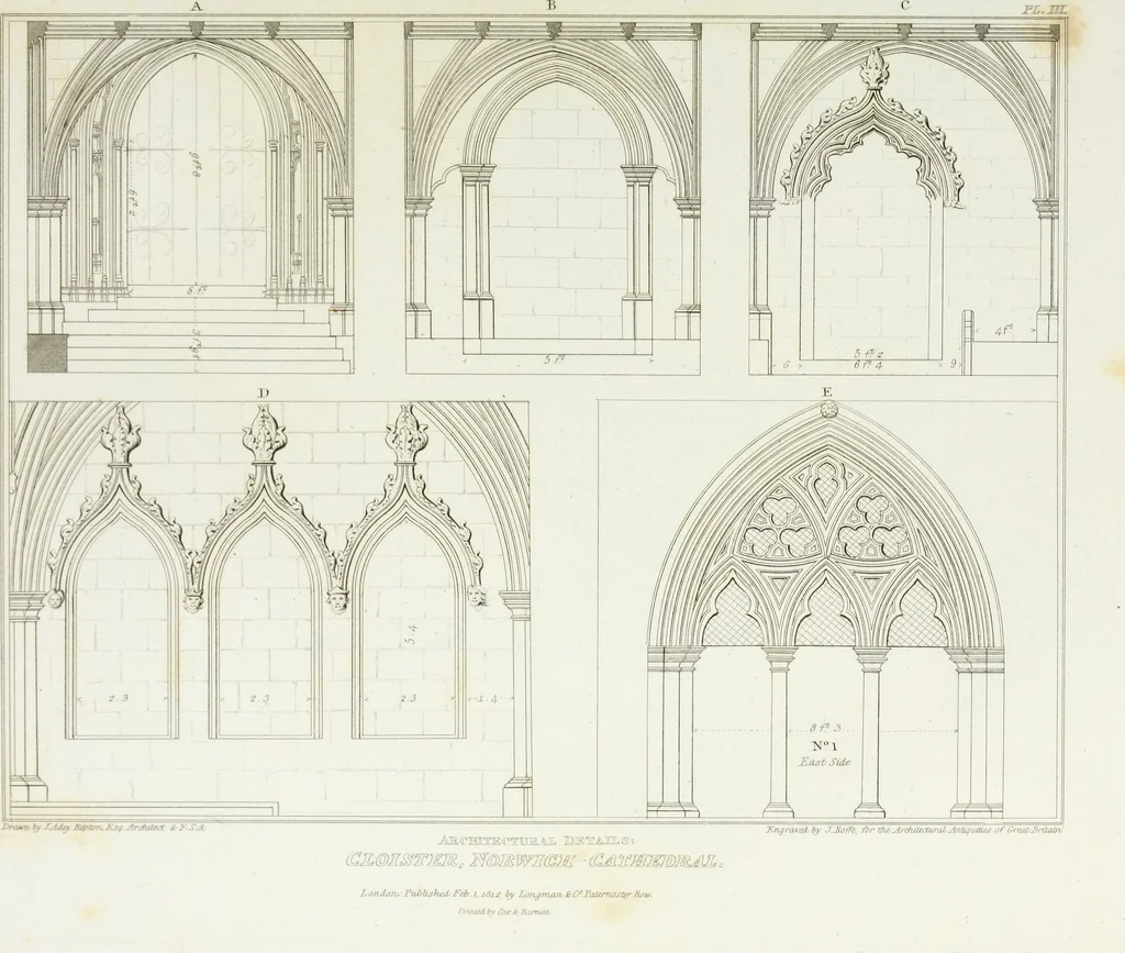 An illustration from The architectural antiquities of Great Britain, represented and illustrated in a series of views, elevations, plans, sections, and details, of various ancient English edifices : with historical and descriptive accounts of each, 1807, leaf 240