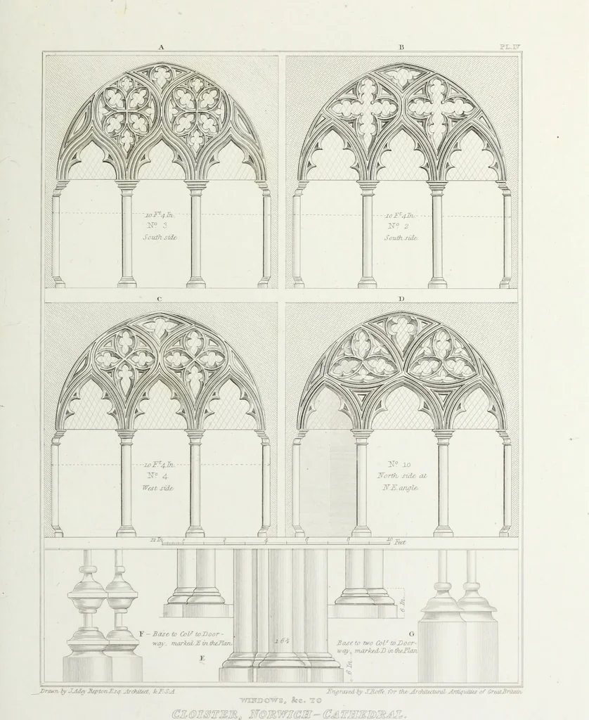 An illustration from The architectural antiquities of Great Britain, represented and illustrated in a series of views, elevations, plans, sections, and details, of various ancient English edifices : with historical and descriptive accounts of each, 1807, leaf 242