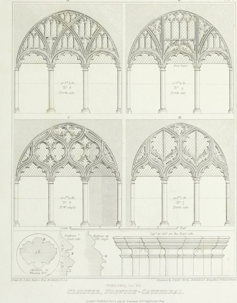 An illustration from The architectural antiquities of Great Britain, represented and illustrated in a series of views, elevations, plans, sections, and details, of various ancient English edifices : with historical and descriptive accounts of each, 1807, leaf 244