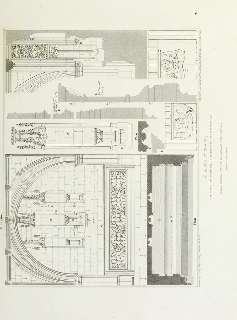 An illustration from The architectural antiquities of Great Britain, represented and illustrated in a series of views, elevations, plans, sections, and details, of various ancient English edifices : with historical and descriptive accounts of each, 1807, leaf 246