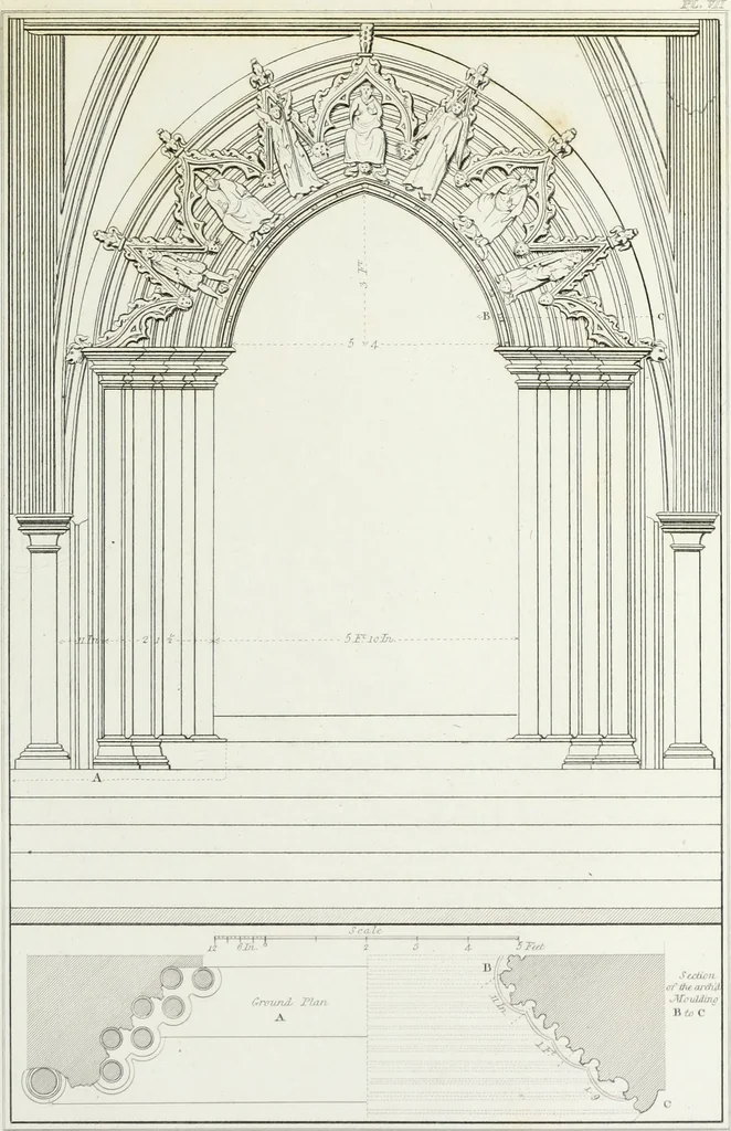 An illustration from The architectural antiquities of Great Britain, represented and illustrated in a series of views, elevations, plans, sections, and details, of various ancient English edifices : with historical and descriptive accounts of each, 1807, leaf 248
