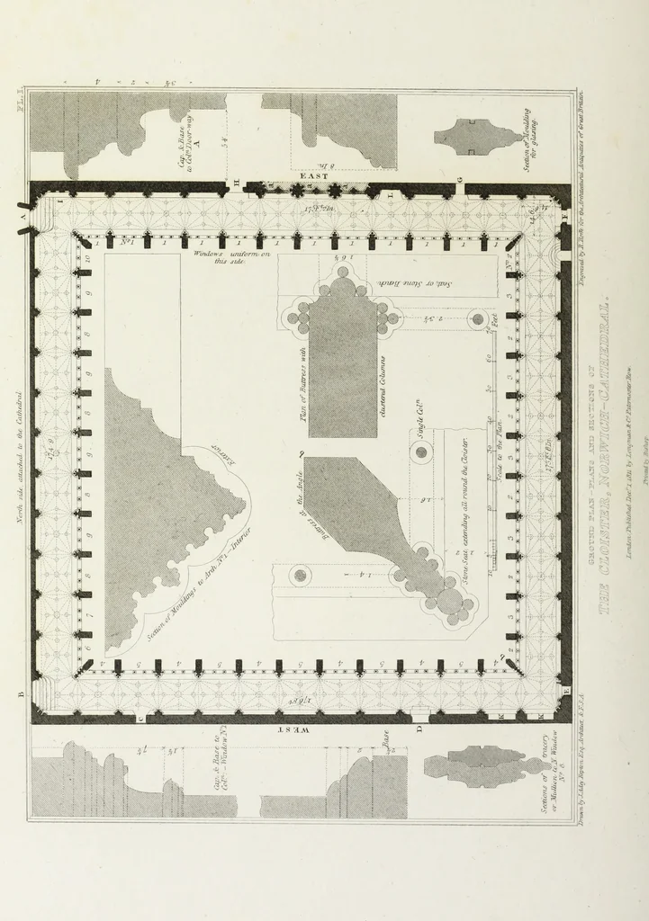 An illustration from The architectural antiquities of Great Britain, represented and illustrated in a series of views, elevations, plans, sections, and details, of various ancient English edifices : with historical and descriptive accounts of each, 1807, leaf 251