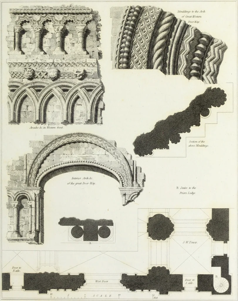 An illustration from The architectural antiquities of Great Britain, represented and illustrated in a series of views, elevations, plans, sections, and details, of various ancient English edifices : with historical and descriptive accounts of each, 1807, leaf 28