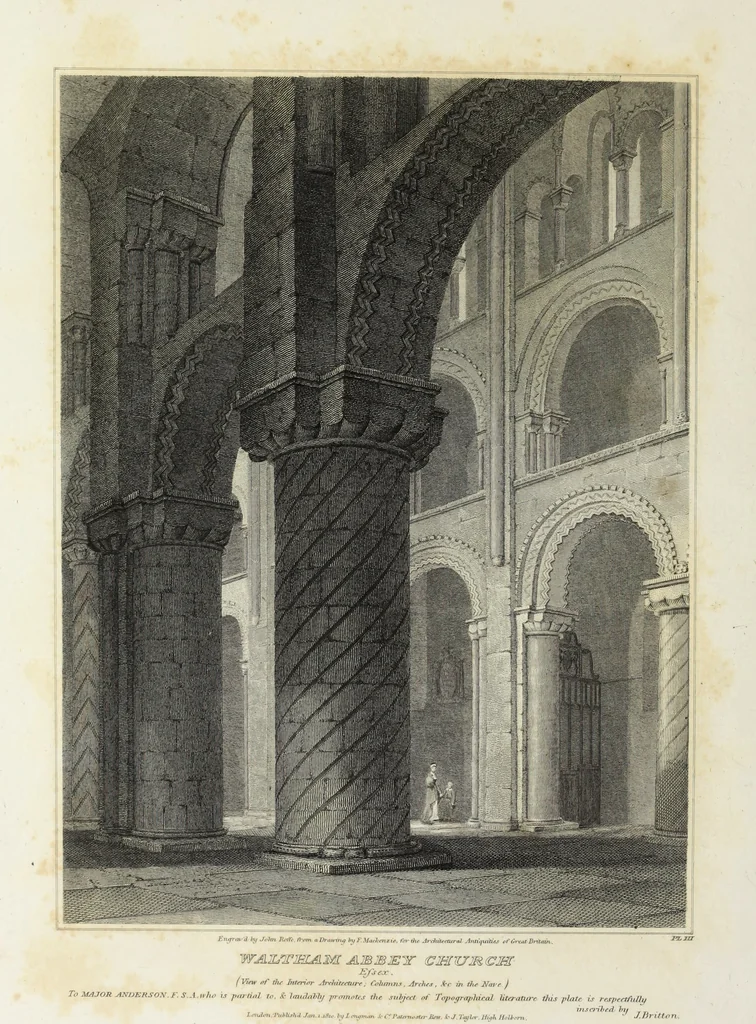 An illustration from The architectural antiquities of Great Britain, represented and illustrated in a series of views, elevations, plans, sections, and details, of various ancient English edifices : with historical and descriptive accounts of each, 1807, leaf 45