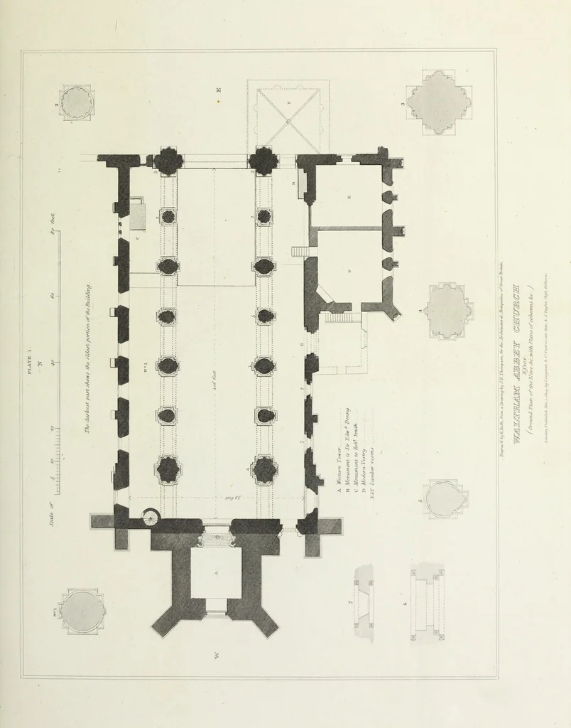 An illustration from The architectural antiquities of Great Britain, represented and illustrated in a series of views, elevations, plans, sections, and details, of various ancient English edifices : with historical and descriptive accounts of each, 1807, leaf 56