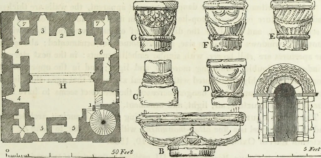 An illustration from The architectural antiquities of Great Britain, represented and illustrated in a series of views, elevations, plans, sections, and details, of various ancient English edifices : with historical and descriptive accounts of each, 1807, leaf 66