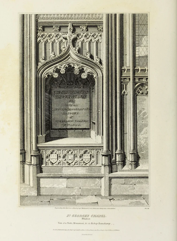 An illustration from The architectural antiquities of Great Britain, represented and illustrated in a series of views, elevations, plans, sections, and details, of various ancient English edifices : with historical and descriptive accounts of each, 1807, leaf 71