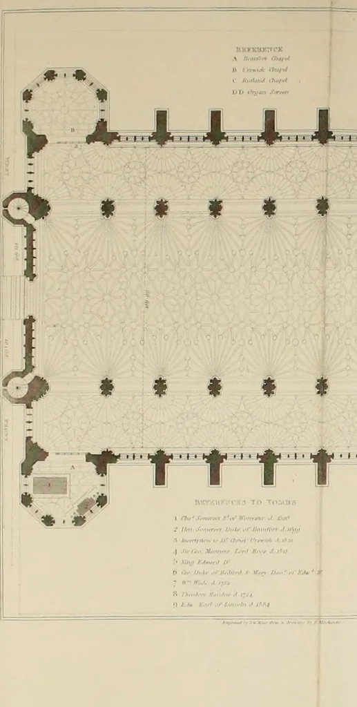 An illustration from The architectural antiquities of Great Britain, represented and illustrated in a series of views, elevations, plans, sections, and details, of various ancient English edifices : with historical and descriptive accounts of each, 1807, leaf 96