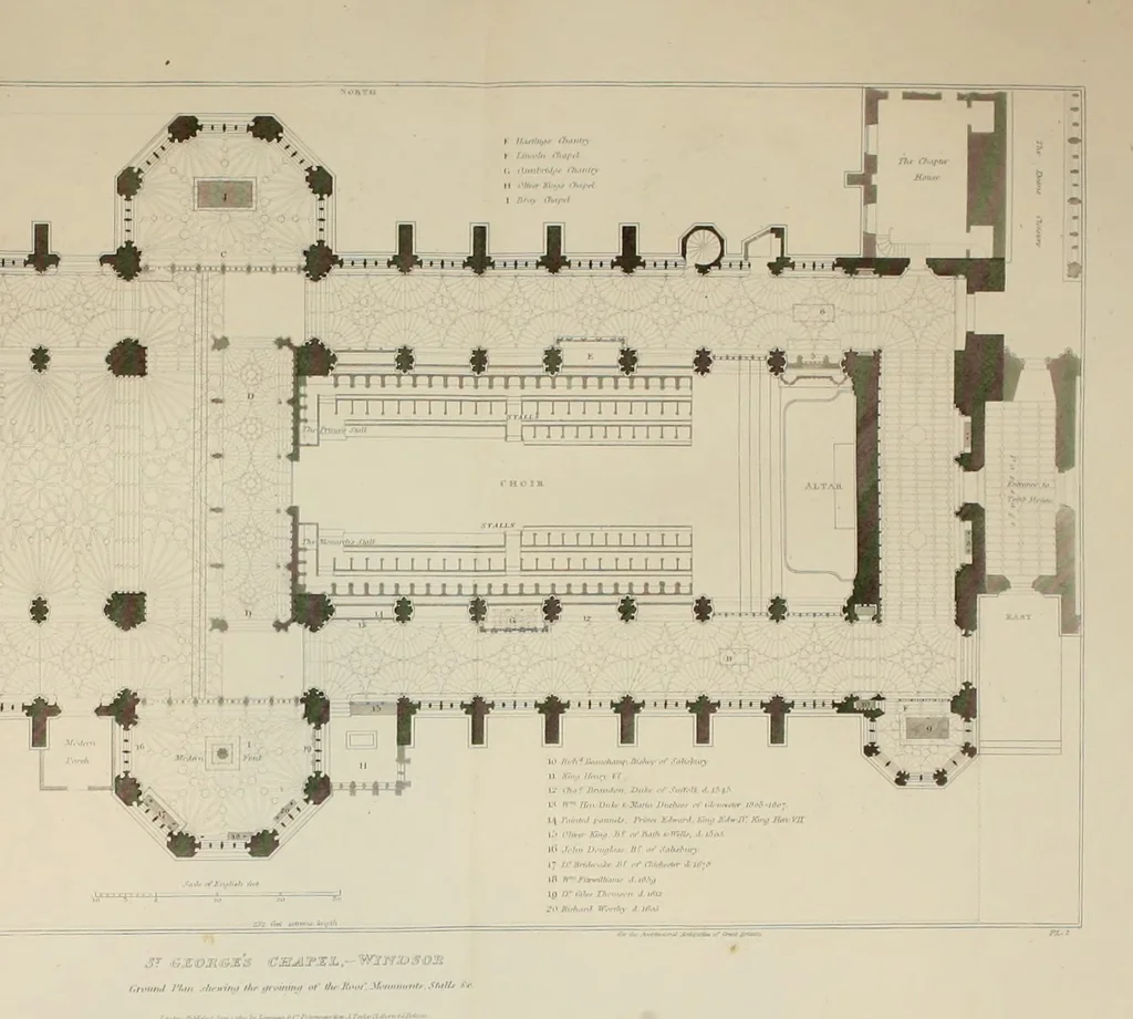 An illustration from The architectural antiquities of Great Britain, represented and illustrated in a series of views, elevations, plans, sections, and details, of various ancient English edifices : with historical and descriptive accounts of each, 1807, leaf 96