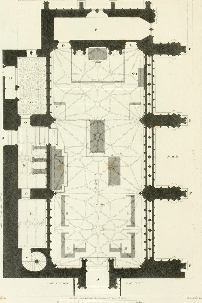 An illustration from The architectural antiquities of Great Britain : represented and illustrated in a series of views, elevations, plans, sections, and details, of various ancient English edifices : with historical and descriptive accounts of each, 1807, leaf 43