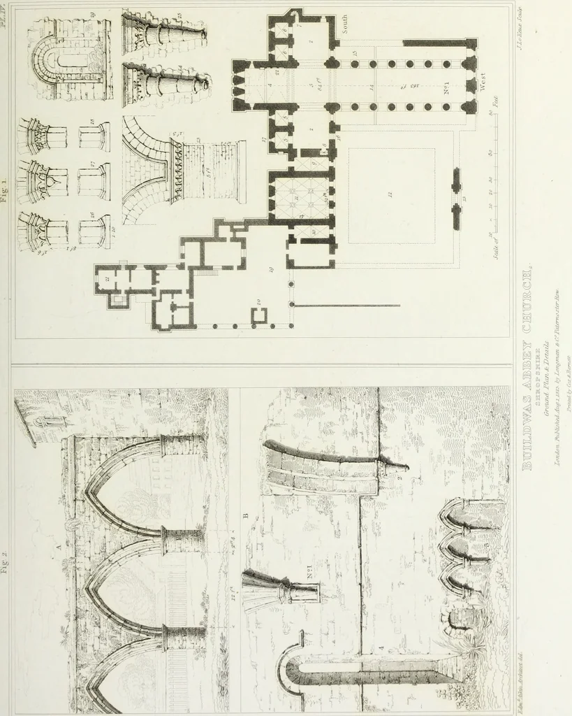 An illustration from The architectural antiquities of Great Britain, represented and illustrated in a series of views, elevations, plans, sections, and details, of various ancient English edifices : with historical and descriptive accounts of each, 1807, leaf 118