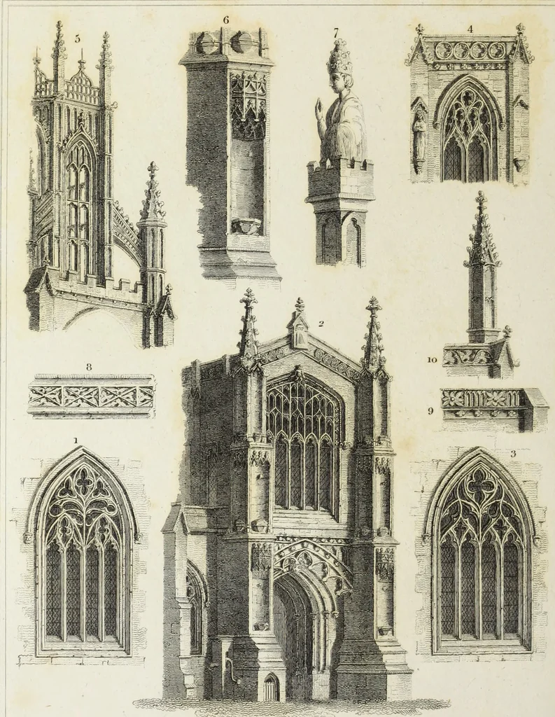 An illustration from The architectural antiquities of Great Britain, represented and illustrated in a series of views, elevations, plans, sections, and details, of various ancient English edifices : with historical and descriptive accounts of each, 1807, leaf 189