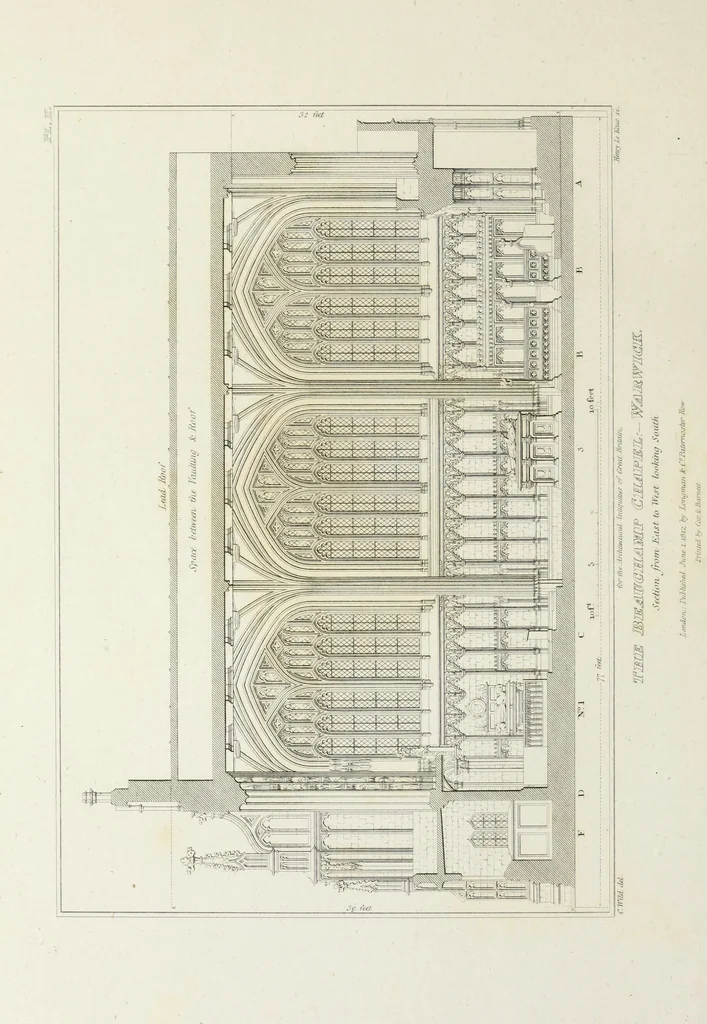 An illustration from The architectural antiquities of Great Britain, represented and illustrated in a series of views, elevations, plans, sections, and details, of various ancient English edifices : with historical and descriptive accounts of each, 1807, leaf 33